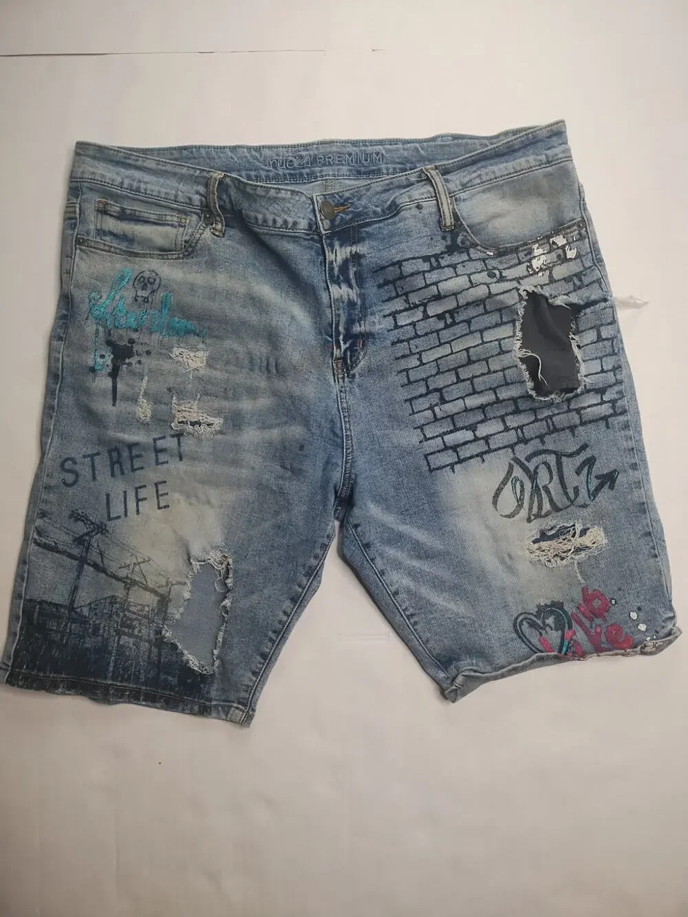 🔥 Rutherford • Distressed Graffiti Denim Slim Fit Blue Jeans Shorts • Men’s 38
